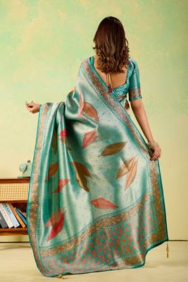Teal viscose silk position print saree with matching blouse piece 2