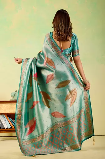 Teal viscose silk position print saree with matching blouse piece
