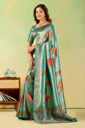 Teal viscose silk position print saree with matching blouse piece