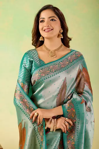 Teal viscose silk position print saree with matching blouse piece