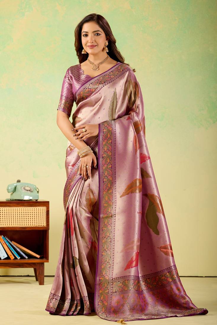 Lavender viscose silk position print saree with matching blouse piece