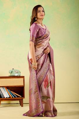 Lavender viscose silk position print saree with matching blouse piece 4