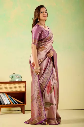 Lavender viscose silk position print saree with matching blouse piece