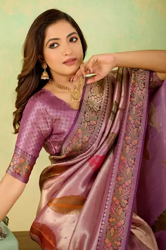 Lavender viscose silk position print saree with matching blouse piece