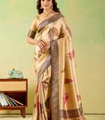 Yellow viscose silk position print saree with matching blouse piece