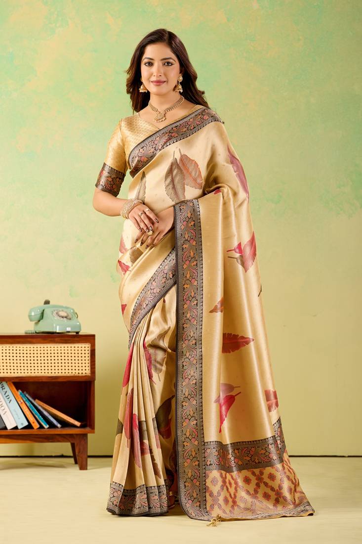 Yellow viscose silk position print saree with matching blouse piece