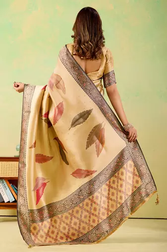 Yellow viscose silk position print saree with matching blouse piece