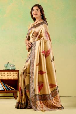 Yellow viscose silk position print saree with matching blouse piece 3
