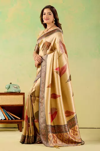 Yellow viscose silk position print saree with matching blouse piece