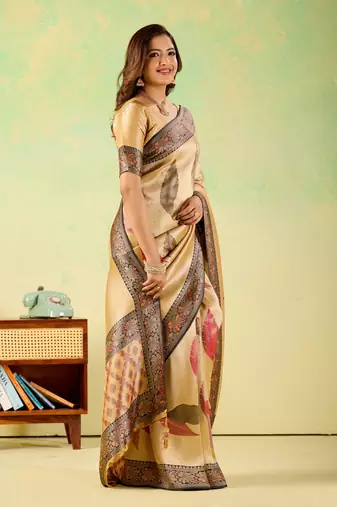 Yellow viscose silk position print saree with matching blouse piece