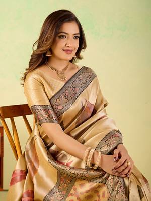 Yellow viscose silk position print saree with matching blouse piece 5
