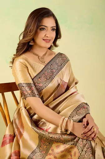 Yellow viscose silk position print saree with matching blouse piece