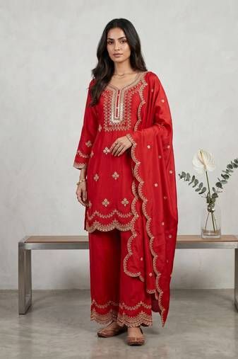 Orange designer natural crepe sequins embroidered work readymade suit