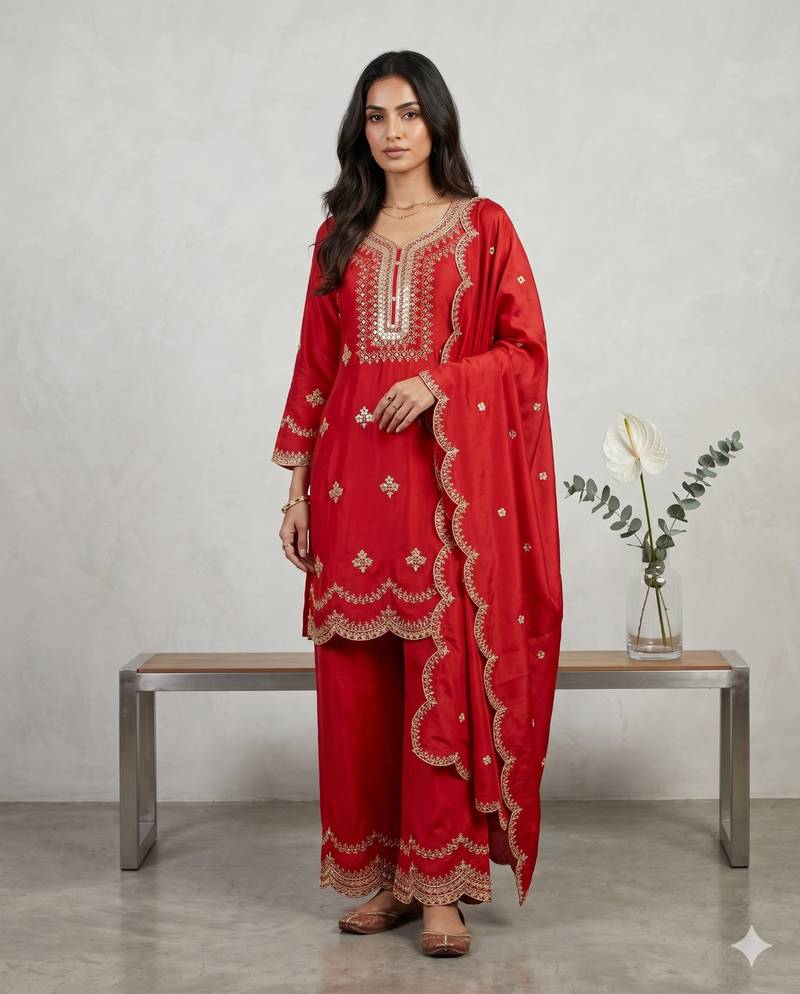 Orange designer natural crepe sequins embroidered work readymade suit