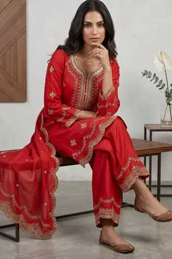 Orange designer natural crepe sequins embroidered work readymade suit