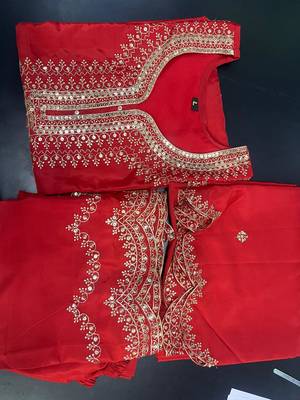 Orange designer natural crepe sequins embroidered work readymade suit 4