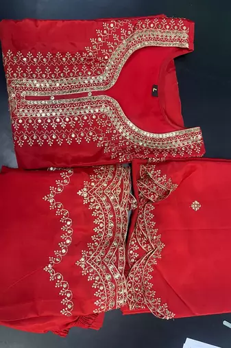 Orange designer natural crepe sequins embroidered work readymade suit