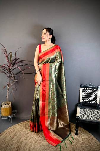 Green & red soft silk zari weaving silk blend saree