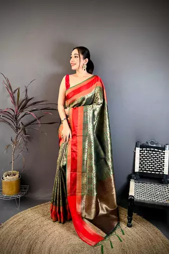 Green & red soft silk zari weaving silk blend saree