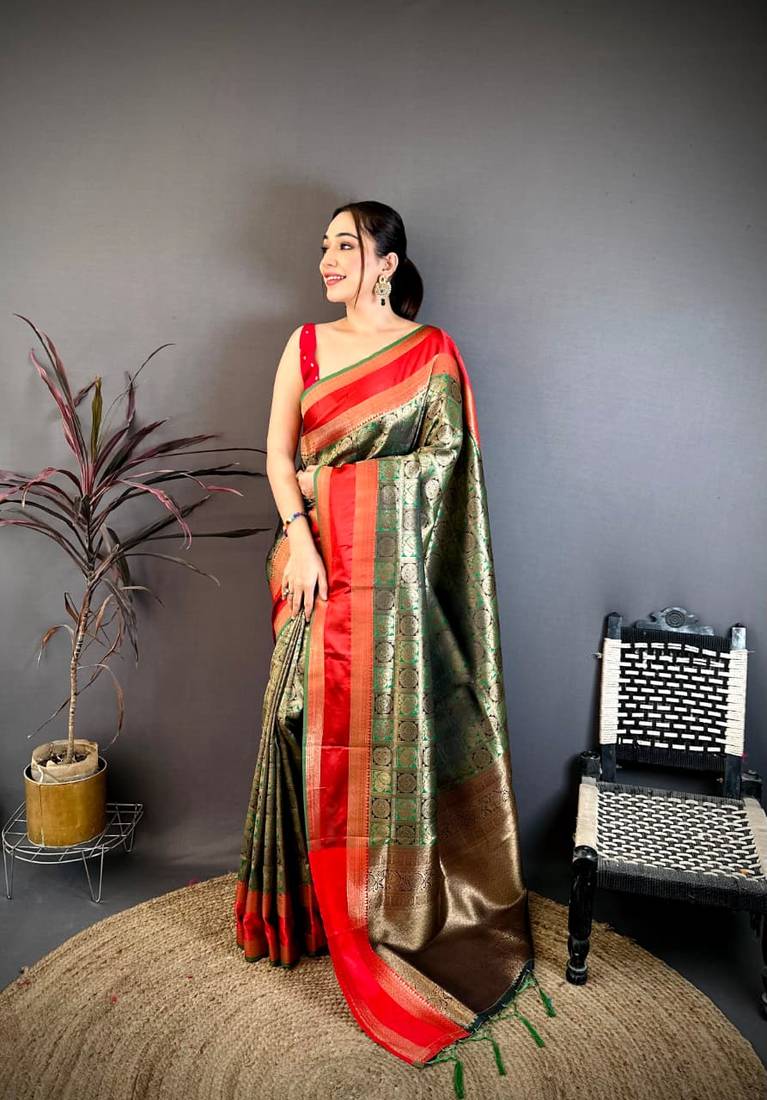 Green & red soft silk zari weaving silk blend saree