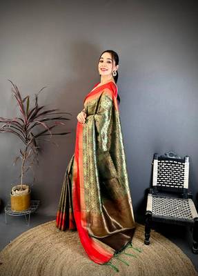 Green & red soft silk zari weaving silk blend saree 2