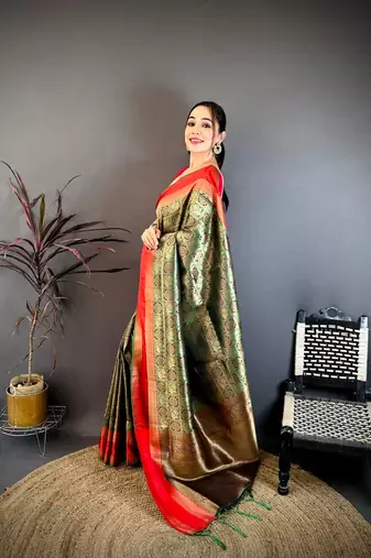 Green & red soft silk zari weaving silk blend saree