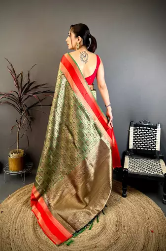 Green & red soft silk zari weaving silk blend saree