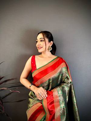 Green & red soft silk zari weaving silk blend saree 4