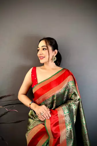 Green & red soft silk zari weaving silk blend saree
