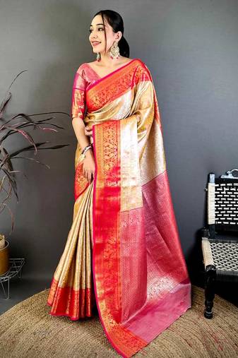 Beige & red soft silk floral zari weaving saree