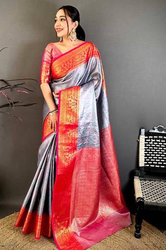 Silver & red soft silk floral zari weaving saree