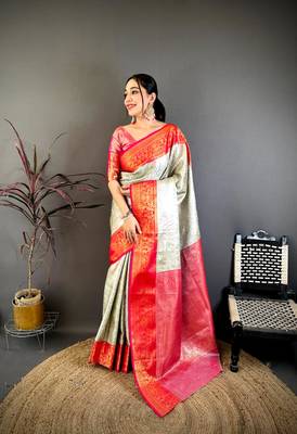 Cream & red soft silk floral zari weaving saree 1
