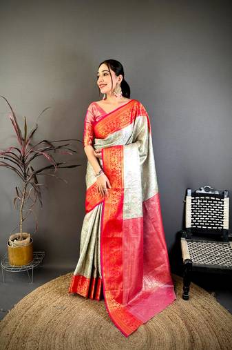 Cream & red soft silk floral zari weaving saree