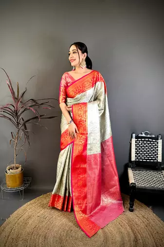 Cream & red soft silk floral zari weaving saree