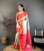 Cream & red soft silk floral zari weaving saree