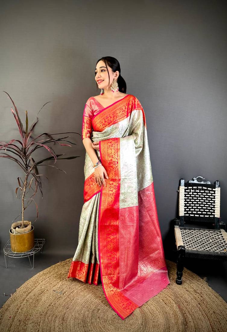 Cream & red soft silk floral zari weaving saree