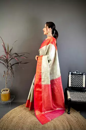 Cream & red soft silk floral zari weaving saree