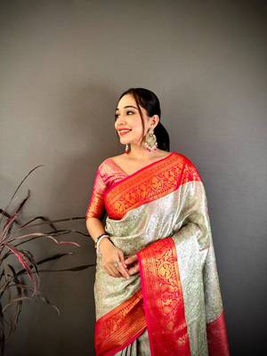 Cream & red soft silk floral zari weaving saree 3