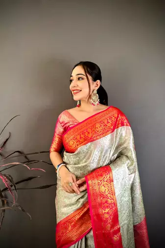 Cream & red soft silk floral zari weaving saree