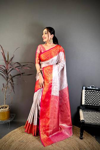 Off white & red soft silk floral zari weaving saree
