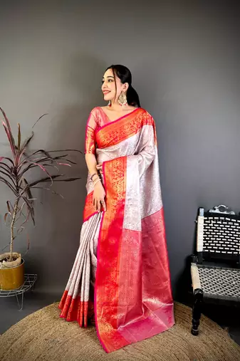 Off white & red soft silk floral zari weaving saree