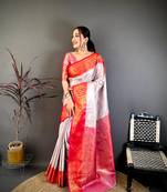 Off white & red soft silk floral zari weaving saree