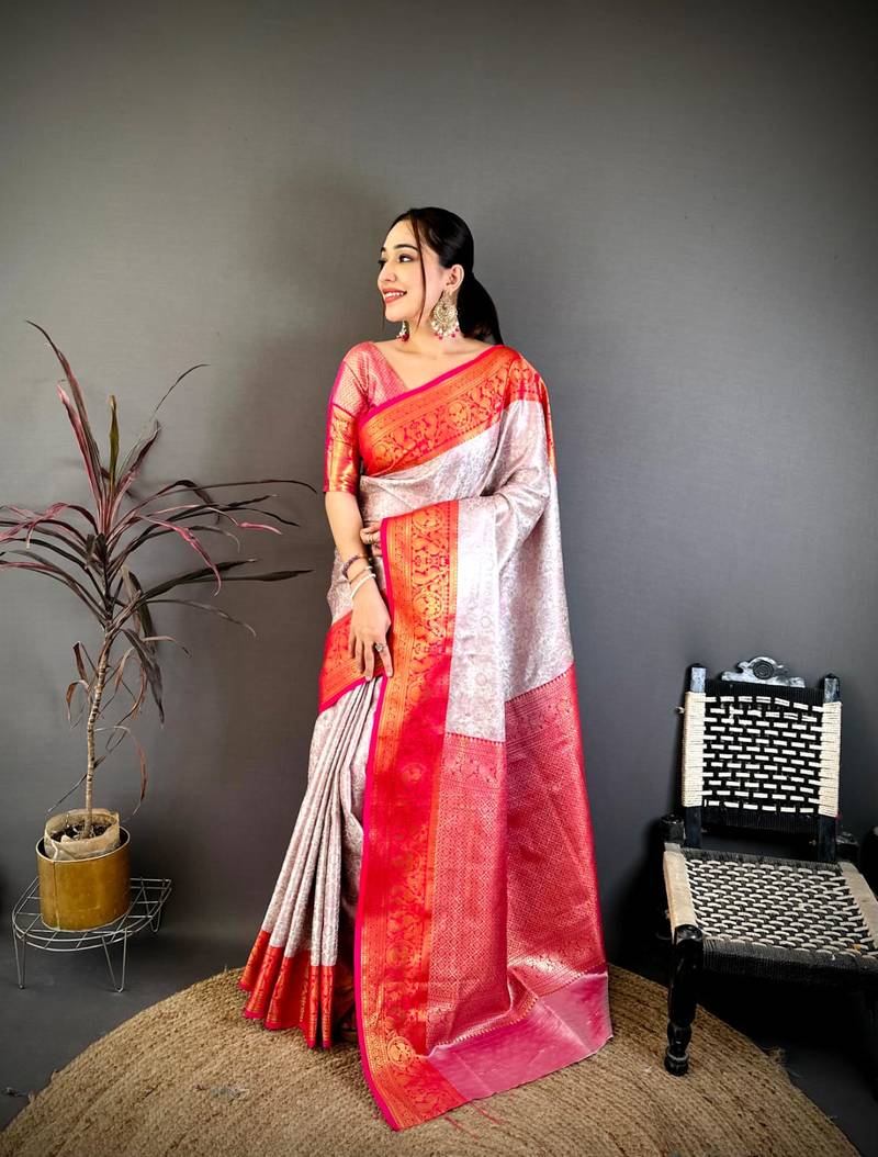 Off white & red soft silk floral zari weaving saree