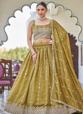 olive silk blend embroidered lehenga choli 1