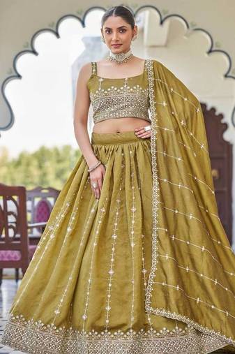 olive silk blend embroidered lehenga choli