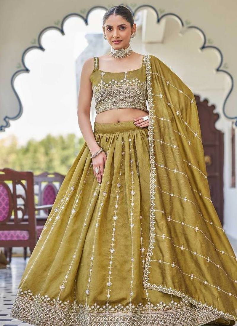olive silk blend embroidered lehenga choli