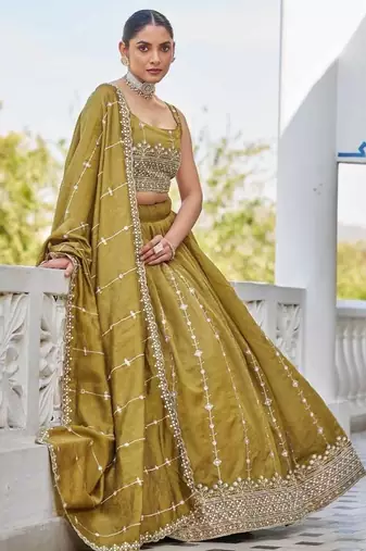 olive silk blend embroidered lehenga choli