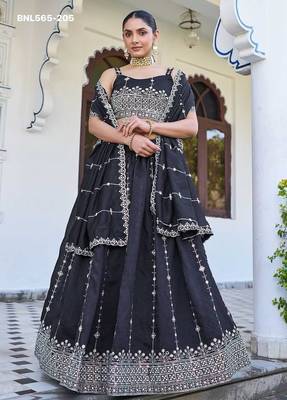 dark navy blue silk blend embroidered lehenga choli 1