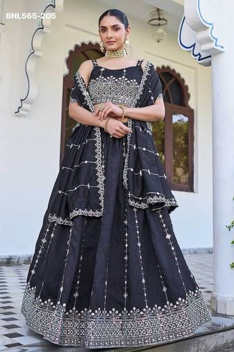 dark navy blue silk blend embroidered lehenga choli