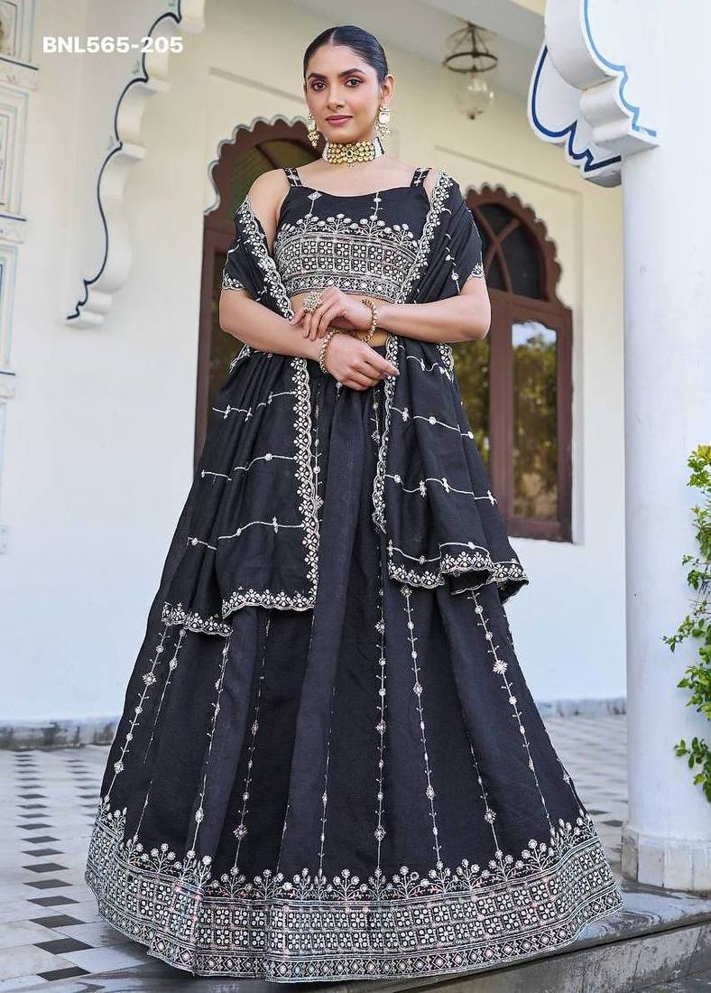 dark navy blue silk blend embroidered lehenga choli